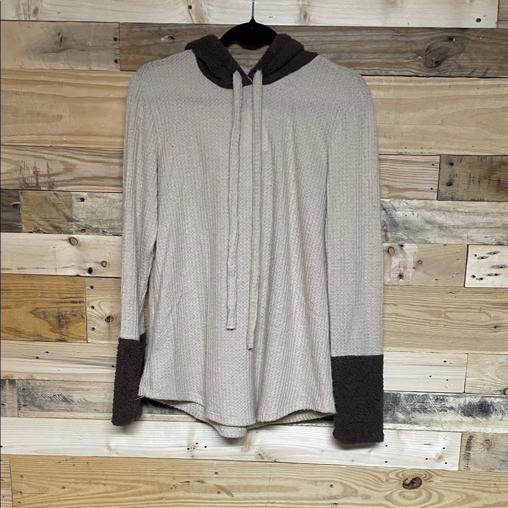 7th Ray size Large Cream and Brown Hooded Soft Waffle Knit Top